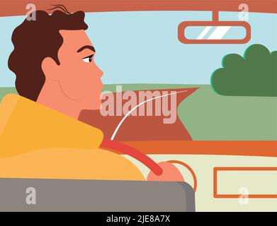 Le type dans la voiture roule le long de la route dans le champ. Il regarde dans le rétroviseur. Voyageur en voyage. Illustration de Vecteur