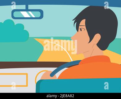 Le type dans la voiture roule le long de la route dans le champ. Il regarde dans le rétroviseur. Voyageur en voyage. Illustration de Vecteur