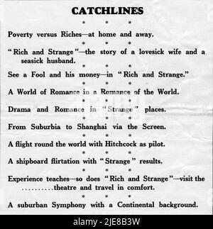 Publicité Taglines pour JOAN BARRY HENRY KENDALL BETTY AMANN ELSIE RANDOLPH et PERCY MARMONT dans RICHE ET ÉTRANGE 1931 réalisateur ALFRED HITCHCOCK roman Dale Collins adaptation Alfred Hitchcock scénario Alma Reville et Val Valentine British International Pictures (BIP) / Wardour films Banque D'Images