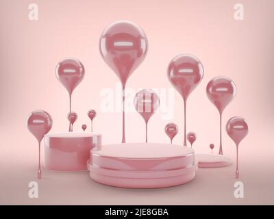 3D illustration d'un support de podium rose avec ballons pour présentation de produit, plan de travail ou plan de découpe inclus Banque D'Images