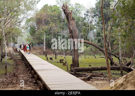 Les touristes se promènaient le long de la chaussée entre le marais et les ruines du temple de Neak Pean, Angkor, Siem Reap, Cambodge. Neak Pean est une île artificielle avec Banque D'Images