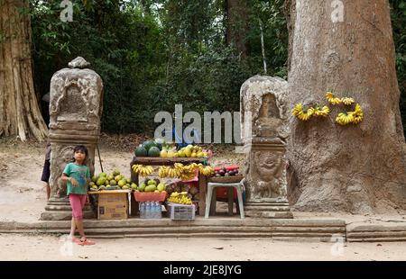 Fruit Street vendeur et enfant le long de la route vers les ruines du temple de Preah Khan, Angkor, Siem Reap, Cambodge. Banque D'Images