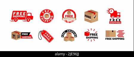 Jeu de badges de logo de service d'expédition gratuit. Jeu de vecteurs d'icône de commande de livraison gratuite. Dix modèles d'étiquettes différents. Illustration de Vecteur