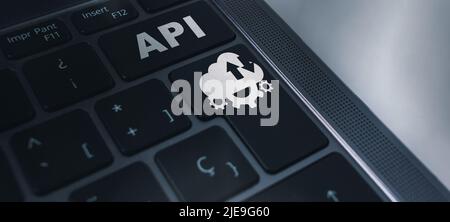 Bannière du clavier de l'ordinateur portable avec acronyme API concept d'icône de mot. Interface de programmation d'application. Développement de logiciels. Banque D'Images