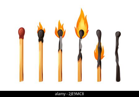 Bâton d'allumette brûlé avec le feu. Jeu de matchsticks avec étages d'inflammation de la tête de soufre de l'allumage à l'extinction. Illustration du vecteur de feu de joie de l'étincelle de dessin animé Illustration de Vecteur