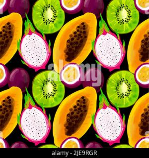 Motif sans couture avec fruits tropicaux avec kiwi, papaye, pitahaya sur fond noir Illustration de Vecteur
