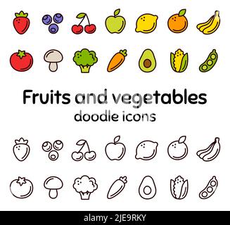 Dessin animé à la main, des icônes de fruits et légumes dessinés à la main dans deux styles, couleur et ligne noire. Pictogrammes simples mignons, jeu d'illustrations vectorielles. Illustration de Vecteur