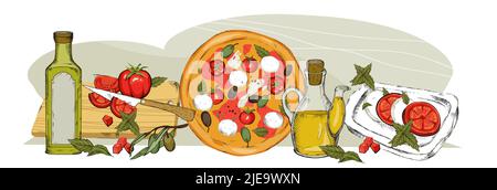 Composition avec tomates et olives dessin main illustration vectorielle isolée sur blanc. Toile de fond pour restaurant italien ou cuisine méditerranéenne. P Illustration de Vecteur