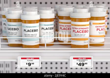 Placebo et pilules placebo extra-résistantes en boîte pour différents prix. Gains frauduleux du concept de l'industrie pharmaceutique. 3d illustration Banque D'Images