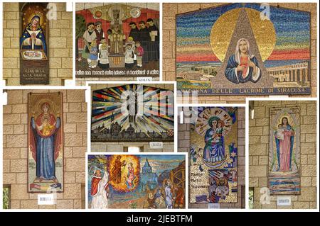 La basilique de l'Annonciation à Nazareth expose des mosaïques de la Vierge qui expriment la dévotion de différents peuples et cultures à Marie. Banque D'Images