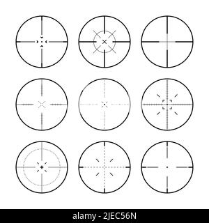 Divers points de vue de fusil de sniper, réticule d'oscilloscope optique d'arme. Viseur du canon de chasse. Symbole de marque de prise de vue, visez. Panneau de cible militaire. Interface de jeu Illustration de Vecteur