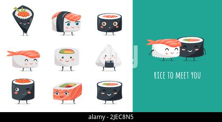 Concept de sushi amusant avec des personnages de sushi. Illustrations vectorielles mignonnes Illustration de Vecteur