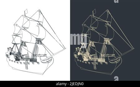 Illustration vectorielle stylisée d'un grand voilier des 16th-18th siècles Illustration de Vecteur