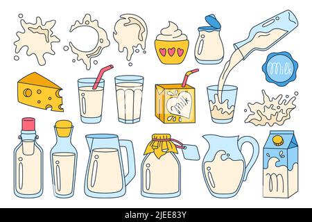 Ensemble de dessins animés pour le lait. Fromage et yaourt de la ferme, boisson dans le verre, verseuse, bouteille, carton design de la gamme d'emballages. Les éclaboussures de lait blanc goutte à goutte. Élément graphique des produits laitiers naturels Illustration de Vecteur