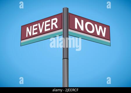 Jamais d'un côté avec maintenant une autre direction, panneau de route chromé, avec lecture et étiquettes de direction vertes, fond bleu cyan. Illustration de Vecteur