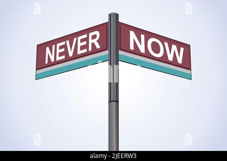 Jamais d'un côté avec maintenant une autre direction, panneau de route chromé, avec étiquettes de lecture et de direction verte, fond bleu craie. Illustration de Vecteur