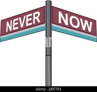 Jamais d'un côté avec maintenant une autre direction, panneau de route chromé, avec lecture et étiquettes de direction vertes, fond blanc. Illustration de Vecteur