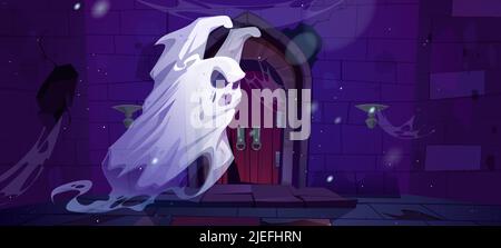 Vieux château hanté avec fantôme, porte en bois cassée et mur en pierre. Illustration vectorielle d'un tireur médiéval abandonné avec un esprit de colère terrifiant la nuit Illustration de Vecteur