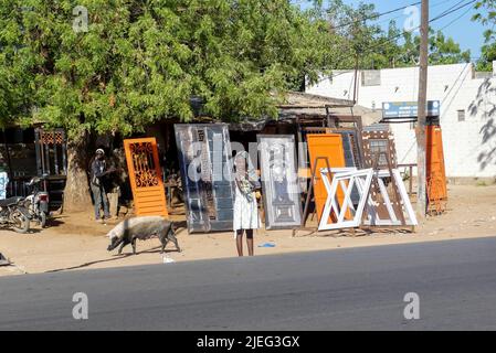 Jeune fille africaine noire debout devant un magasin de menuisier en métal dans la ville de Touba, Sénégal, Afrique de l'Ouest pendant qu'une vache (porcins féminins) passe. Banque D'Images