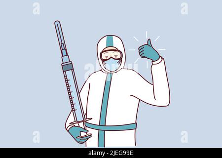 Médecin confiant dans l'uniforme de protection tenant l'injection montrant le pouce vers le haut. Un professionnel de santé heureux avec une seringue prête pour la vaccination des personnes. Médecine, soins de santé. Illustration vectorielle. Illustration de Vecteur