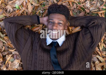 Beau homme allongé sur des feuilles mortes Banque D'Images
