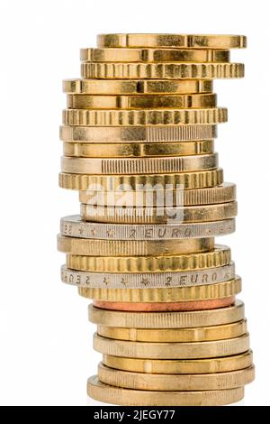 Ein Stapel von Euro Geld Münzen, 50-cent-Münzen, eurocent, 1-Euro-Münzen, Banque D'Images