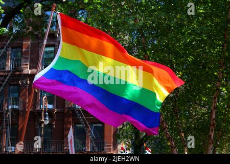 New York, Etats-Unis, 26 juin 2022. Une personne détient un grand drapeau gay Pride 6 couleurs à la NYC Pride March. Banque D'Images