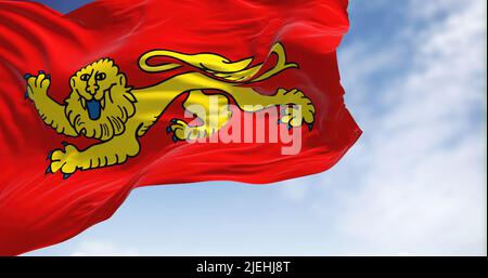 Vue sur le drapeau d'Aquitaine qui agite dans le vent par temps clair. L'Aquitaine est une région historique du sud-ouest de la France et une ancienne regi administrative Banque D'Images