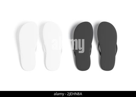 Chaussons de plage noirs et blancs, maquette de semelle, vue du dessus Banque D'Images