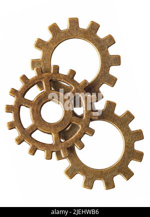 Groupe de trois roues dentées en bronze, isolées sur fond blanc Banque D'Images