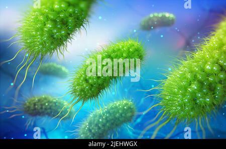 Escherichia coli, colonie de bactéries 3D illustration. Micro-organismes en milieu aquatique sous microscope. Probiotiques. Bactéries intestinales Banque D'Images