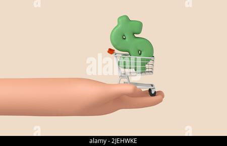 Concept d'inflation. Augmentation du coût de la nourriture et des achats. Affiche dollar avec panier. 3D rendu Banque D'Images