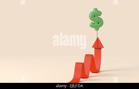 Concept de taux d'inflation. Flèche rouge tirée par une bulle d'affiche dollar. 3D rendu Banque D'Images