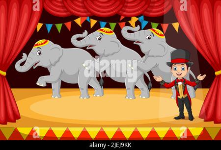 Tamère de cirque avec des éléphants sur scène Illustration de Vecteur