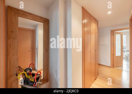 Hall d'entrée d'une maison avec une armoire avec des portes en hêtre, parquet en chêne, miroir encadré en bois et un parasol complet Banque D'Images