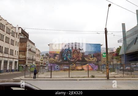 Murales le long de la rue à Valparaiso, Chili. Valparaiso a été déclarée site du patrimoine mondial par l'UNESCO en 2003. Banque D'Images