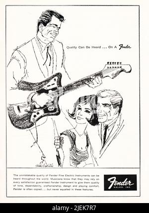 Une publicité pour les instruments électriques Fender affirmant qu'un auditeur peut entendre la qualité. D'un magazine musical 1962. Banque D'Images