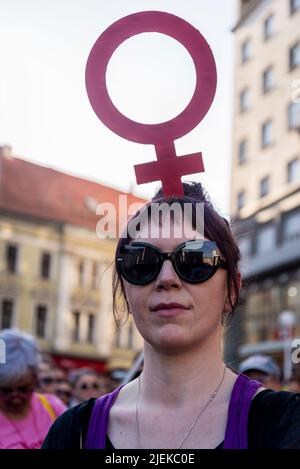 Manifestation en faveur de l'avortement gratuit sur demande sur la place centrale de Zagreb, Croatie Banque D'Images