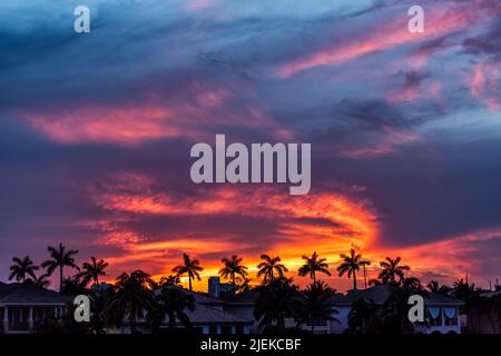 Hollywood Beach à Miami, Floride rivière Stranahan et vue sur les villas en bord de mer maisons au beau coucher du soleil avec des palmiers dans la silhouette avec éclat Banque D'Images