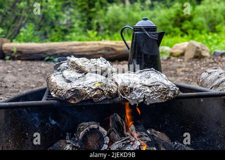 Eau bouillante dans une bouilloire à thé et légumes enveloppés d'aluminium sur le gril dans une fosse à feu au camping avec feu rouge brûlant sur des rondins dans la nature Banque D'Images