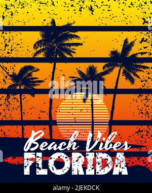 Affiche Retro Florida Beach Vibes imprimé coucher de soleil. Affiche grunge palmiers silhouettes Illustration de Vecteur