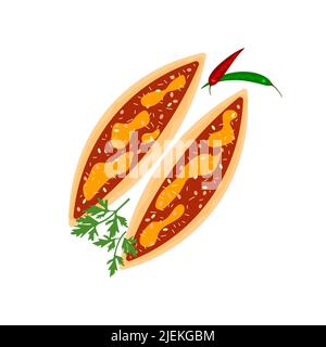 Un plat de cuisine turque, le lahmacun, pour un café ou un restaurant au décor isolé sur fond blanc. Vue sur le dessus de PIDE Food. Illustration de vecteur d'art plat Illustration de Vecteur