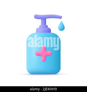 Flacon de pompe de désinfectant liquide antiseptique pour les mains. Concept d'hygiène, de santé, de médecine. 3d icône de vecteur. Style de dessin animé minimaliste. Illustration de Vecteur