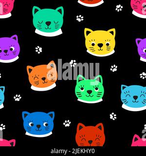 Motif sans coutures pour têtes de chaton. Le chat fait face à un imprimé en tissu, des personnages de couleur fluo et un arrière-plan vectoriel de pattes. Décoration puérile Illustration de Vecteur