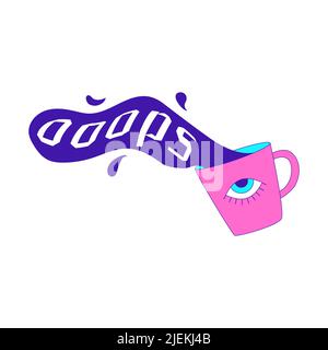 Y2K autocollant en forme de tasse avec un oeil étrange et un liquide renversant et le mot Ooops. Élément graphique de texte en couleurs acides vives. Nostalgie pour le 2000s Illustration de Vecteur