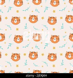Motif sans coutures pour le visage de tigre sauvage. Joli animal chichdish vector texture. Imprimé scandinave décoratif pour un design aux éléments naturels Illustration de Vecteur