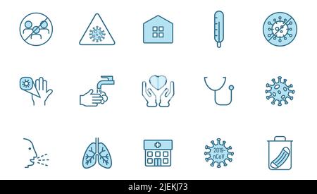 icônes de vecteur de ligne de coronavirus en deux couleurs isolées sur blanc. Illustration de Vecteur