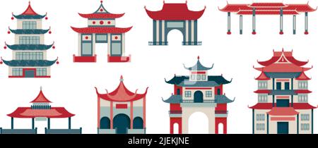 Temples et bâtiments chinois. Pagode sur la rue china, logement japonais et toit. Architecture orientale traditionnelle, palais marécageux et vecteur de portes Illustration de Vecteur