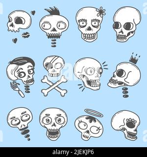 Ensemble crâne de dessin animé. Autocollants Doodle Skulls, symbole happy crossbone Dead pirate. Tombes drôles, têtes douces de squelette et vecteur néotérique du jour de la mort Illustration de Vecteur