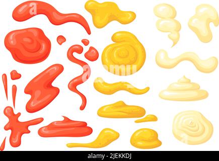 Taches de sauce pour dessins animés. Mayonnaise sauce tache trempette ketchup américain bruine sauce moutarde, verser mayonnaise jaune crème rouge tourbillon splat sauce tomate goutte, illustration vectorielle soignée de la sauce mayonnaise Illustration de Vecteur